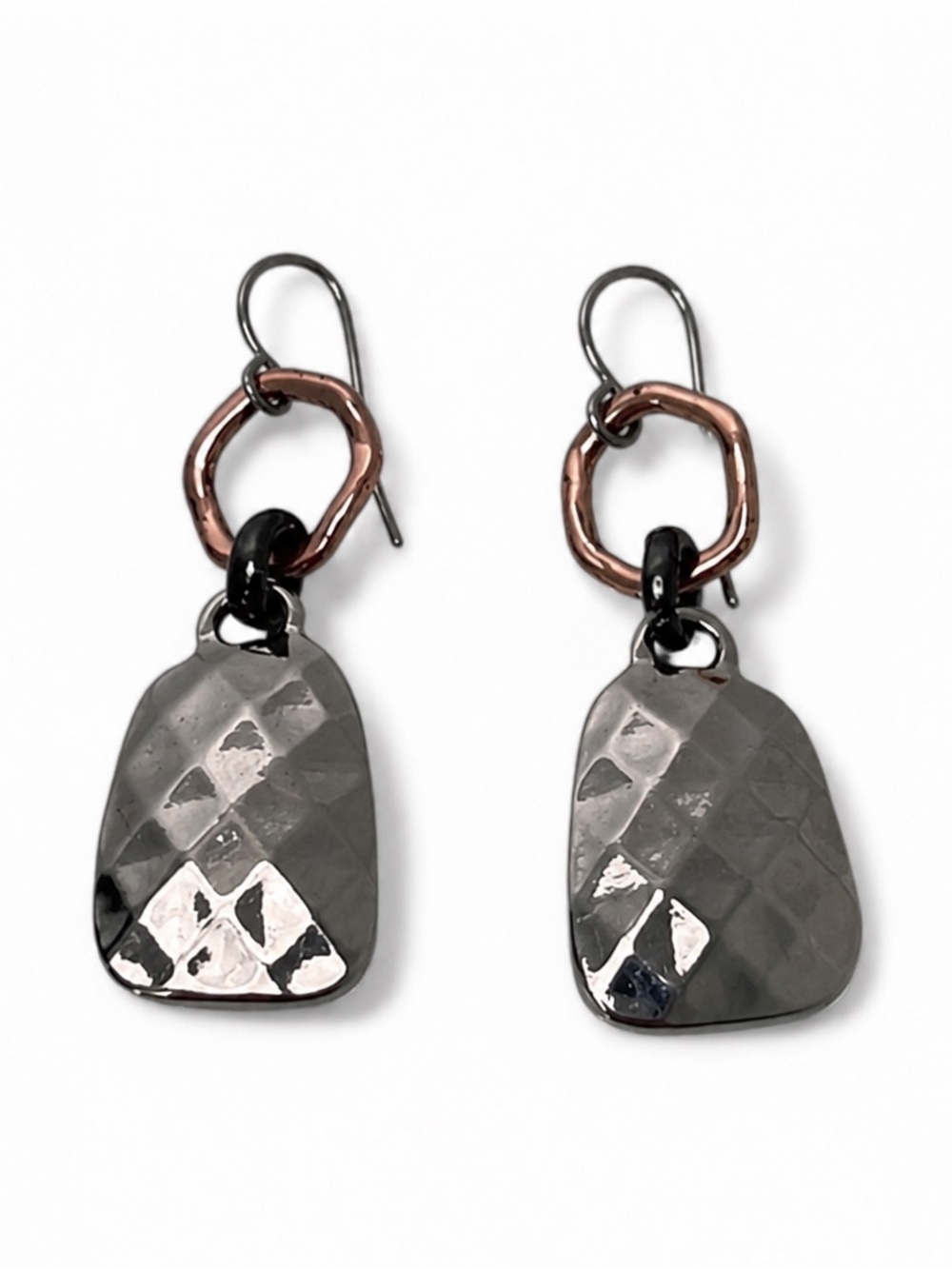 Hammered Silver Metal Dangle Earrings Bronze Accent - Picture 1 of 3